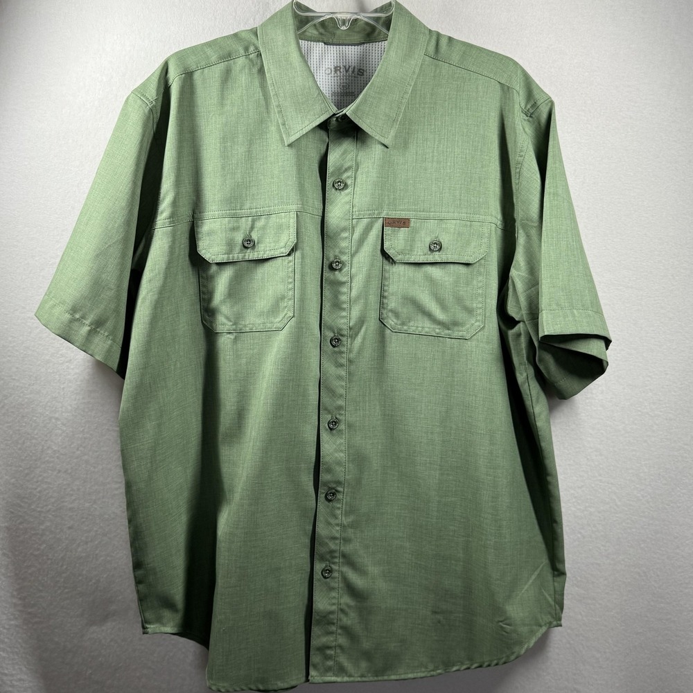 Orvis Shirt Mens XL Green Short Sleeve Button Front Dual Chest Pockets Casual